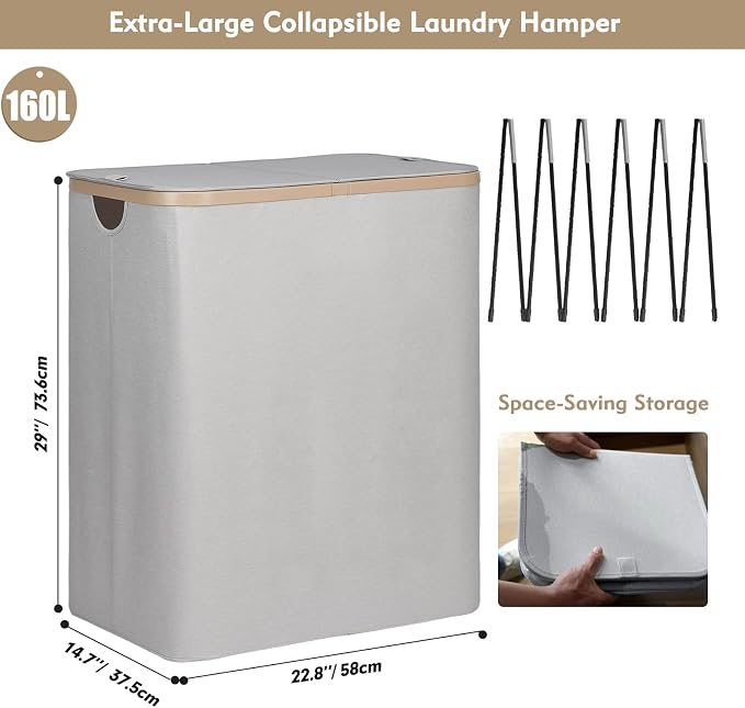 DOKEHOM 160L Double Laundry Basket Hamper with Lid & Removable Bags, Grey | Extra large 2-section collapsible clothes hamper, foldable laundry sorter bin with mesh inserts. Ideal for family use
