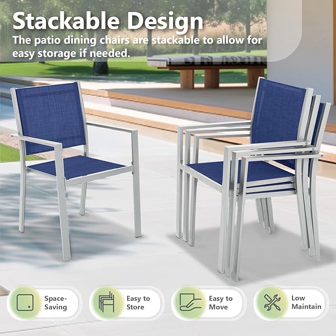 Patio Dining Chairs, All-Weather High-Resilience Textilene Outdoor Dining Chair Set of 2, Heavy-Duty Stackable Minimalist Outdoor Chairs with Armrest, Patio Chairs for Lawn Deck Pool, Blue and White