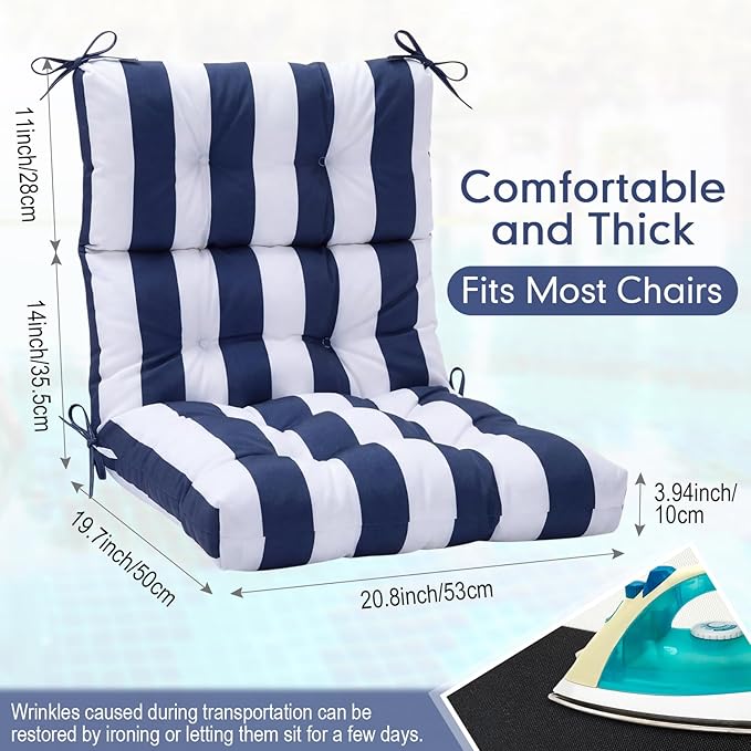 Hoteam 2 Pcs High Back Chair Cushions Set - 44'' x 21'' Indoor Outdoor Waterproof Soft Thicken Stripes Replaceable Cushion for Garden Summer Rocking Chair, Patio Furniture (Navy Blue Stripes)