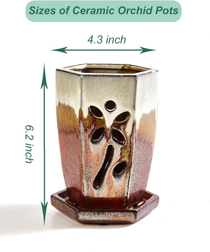vensovo 4 Inch Ceramic Orchid Pot with Holes and Saucer, 1 Pc Small Hexagon Succulent Planter for Repotting, Garden Flowerpot for Indoor Outdoor Plants, Promotes Air Circulation (Brown Mixed)