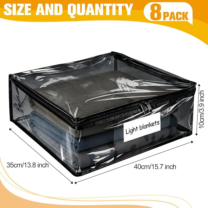 Plastic Storage Bags with Easy-Glide Zipper, Pack of 8, Durable Clear Vinyl Zippered Storage Bags for Clothes Sweaters Comforters Blankets Sheets Bedding (15.7 x 13.8 x 3.9 Inch, Transparent Black)