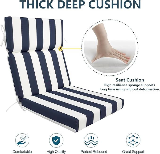 DYTXIII Outdoor High Back Chair Cushions Set of 2, 44"x22" Water Repellent Patio Seat Cushions with Elastic Sponge, All Weather Chair Pads for Rocking, Dining Chairs, Patio Furniture - Cabana Navy