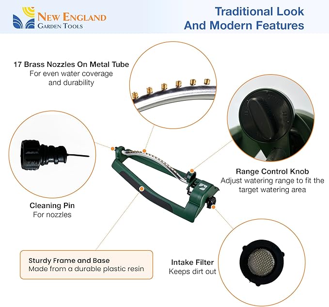 Oscillating Sprinkler 100006, Adjustable Pattern to Cover Up to 2,695 Square Feet, 17 Brass Nozzles on Metal Tube for Even Lawn Watering, by New England Garden Tools
