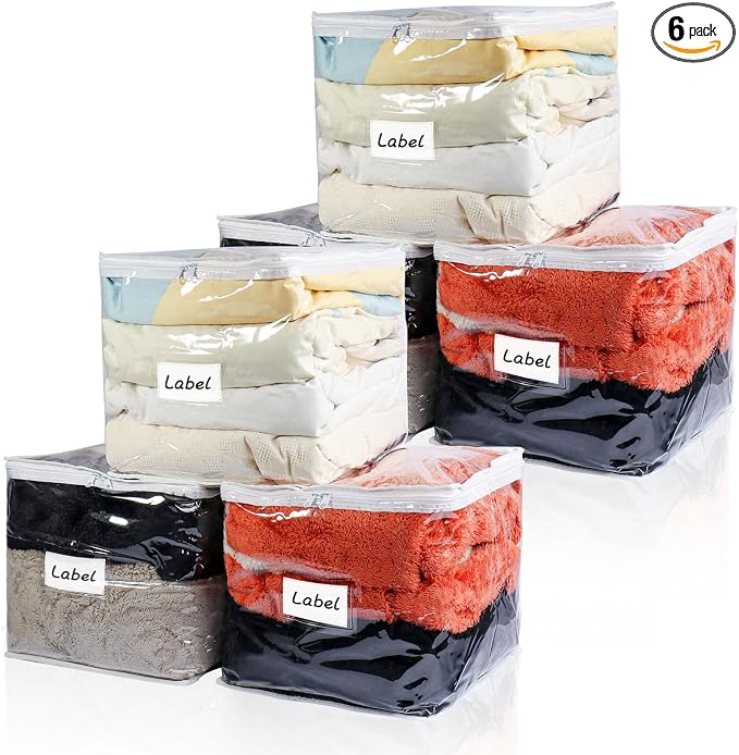 Clear Zippered Plastic Clothes Storage Bags, 6 Pack, White