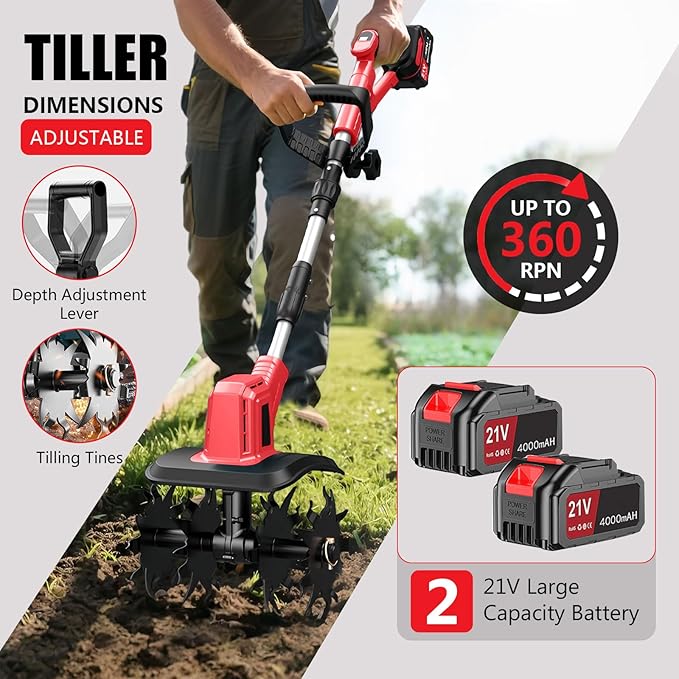 21V Electric Cordless Tiller Cultivator, 360RPM Garden Tiller with 2 x 4.0Ah Batteries Charger, 12In Tilling Width & 8In Depth Garden Rototiller for Lawn, Gardening, Soil Cultivation (RED-1)