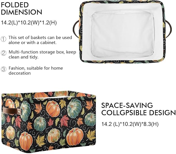 Pumpkin Black Storage Basket Fabric Kitchen Baskets Fall Maple Leaves Autumn Open Home Storage Bins Boxes Foldable Organizer Bag for Baby Cloth Pet Toy Book Shelf Closet Baskets 2 Pack 16×12×8 Inches