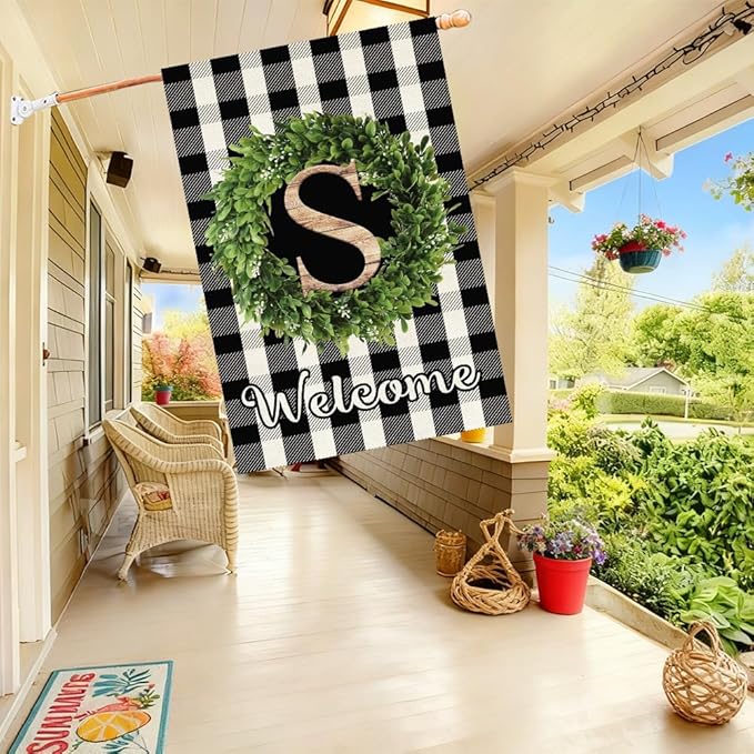 Baccessor Monogram Letter S Garden Flag 28 x 40 Inch, Buffalo Plaid Family Last Name Initial Boxwood Wreath Welcome Vertical Double Sided Large Flags for Outdoor Outside Decoration