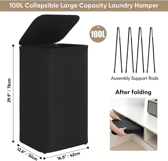 DOKEHOM 100L Laundry basket Hamper with Lid & Removable Mesh Bag, Black | Collapsible large clothes hamper, foldable laundry sorter bin with mesh inserts. Adjustment screws to keep fabric taut