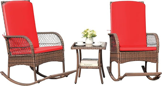 Greesum 3 Piece Outdoor Wicker Rocking Chairs Patio Furniture Set with Glass Coffee Table for Garden Backyard Porch Poolside, Red