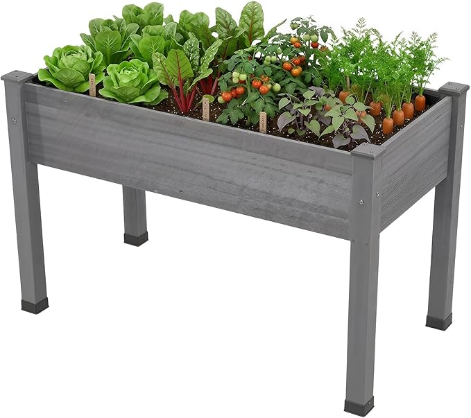 AMERLIFE Raised Garden Bed, 48x30x24 Inches Elevated Wood Planter Box with Legs, Bed Liner, Divider and Drainage Holes for Backyard, Patio, 200 lb Capacity - Grey