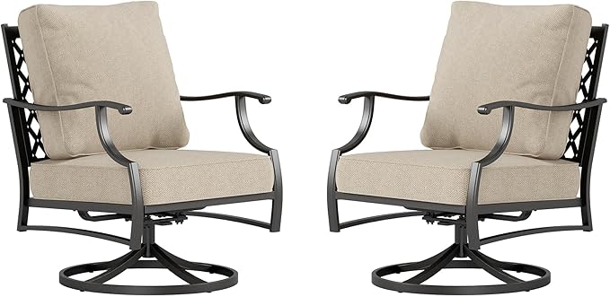 SUNSHINE VALLEY Metal Frame Outdoor Patio Swivel Chairs Set of 2 with 5.75" Extra Thick Cushion, 2 Piece High Back Swivel Patio Chairs Outdoor Furniture Seating for Deck Balcony Front Porch, Beige