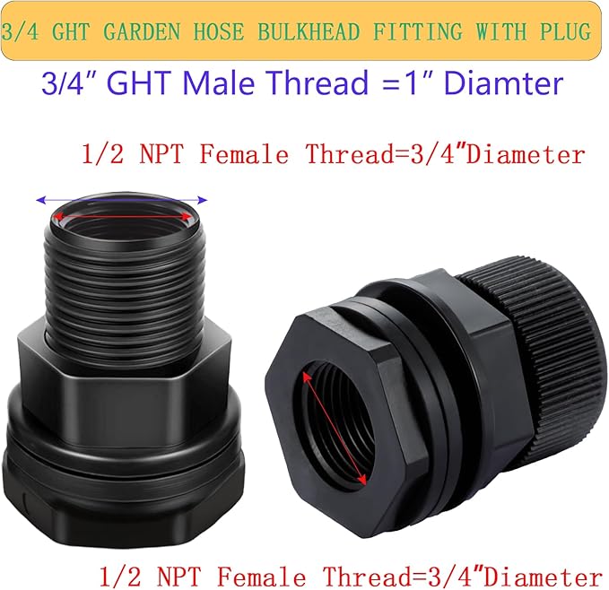 PVC Garden Hose Bulkhead Fitting With Plug, 1/2" Female NPT, 3/4" Male GHT (garden Hose Thread), For Rain Barrels, Aquariums, Sinks，6 Pack……