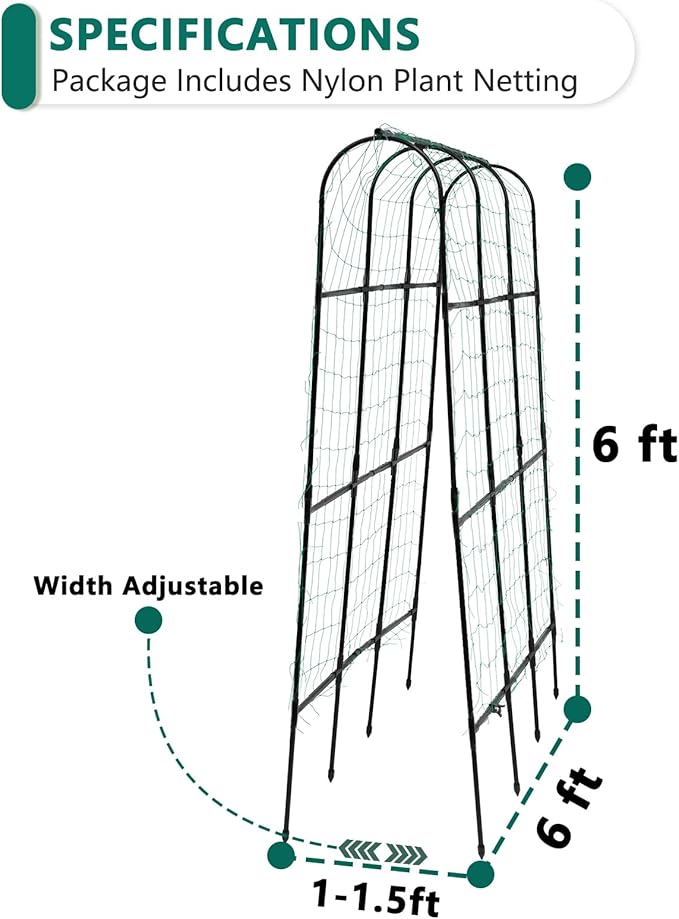 6 ft Tall, Garden Trellis for Climbing Plants Outdoor with Nylon Net for Cucumbers Vines Beans Raised Bed - Lightweight Metal, Black