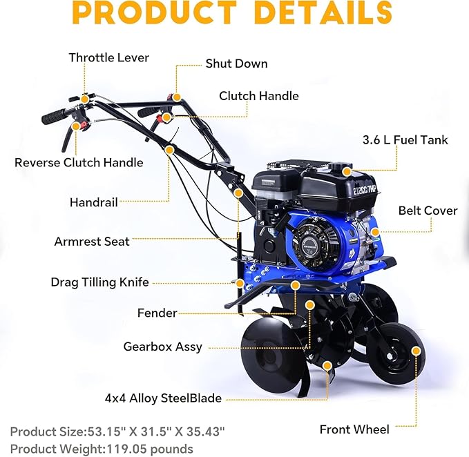 212cc 4-Cycle 7HP Gas Powered Tiller Cultivator - 22" Heavy-Duty Steel Tines Rototiller, Adjustable Wheels and Handle, Forward/Reverse for Plowing, Tilling, Weeding in Garden, Farm (Navy Blue)