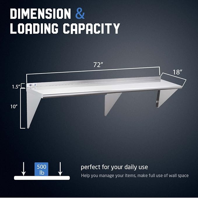 Profeeshaw NSF Stainless Steel Shelf 18” x 72”, Commercial Wall Shelving | 500 lb, Wall Mounted Metal Shelves, with Backsplash and 3 Brackets, for Restaurant, Bar, Utility Room, Kitchen and Garage