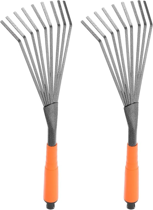 HARFINGTON 2pcs Gardening Leaf Rake 15.63" 9 Root Small Soil Tiller Grass Rake with Ergonomic Handle for Sweep Leaves Gardening Cultivating Garden Yard Flower Beds