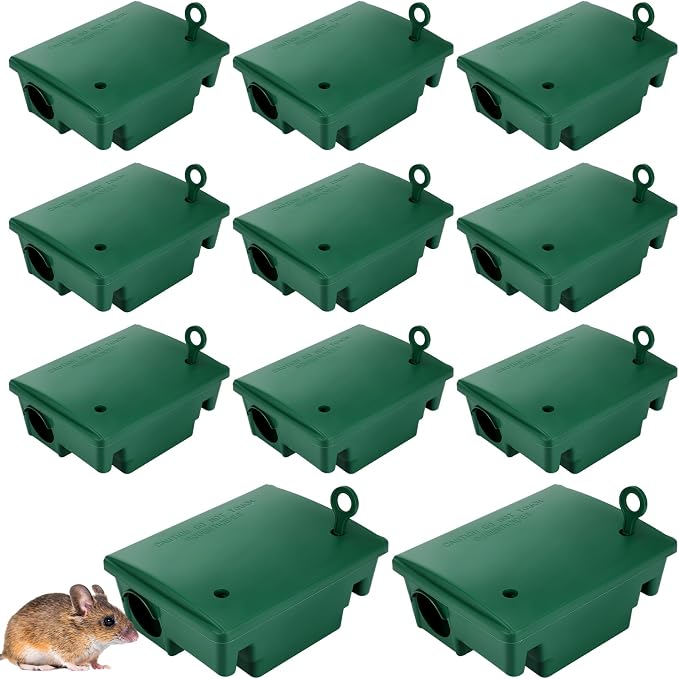 Qualirey 12 Packs Rat Bait Stations Rat Bait Box with Keys Outdoor Mouse Rodent Trap Mice Baits Stations Bulk for Outdoor Indoor Use Keeps Pets and Children Safe (Green)