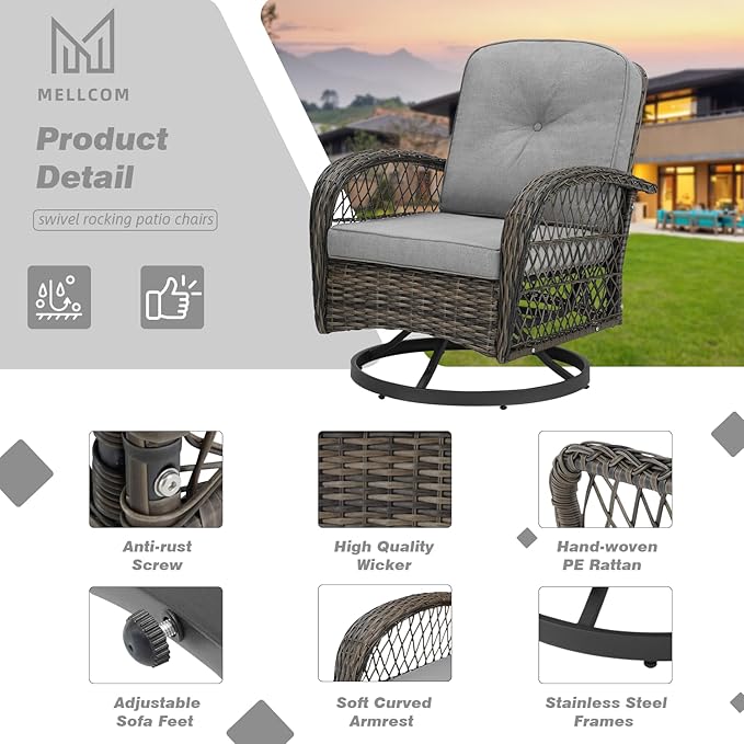 MELLCOM 3 Pieces Patio Furniture Set, Outdoor Swivel Rocker Patio Chairs, Wicker Patio Bistro Set with Rocking Chair, Thickened Cushions and Glass Coffee Table for Backyard, Garden, Grey