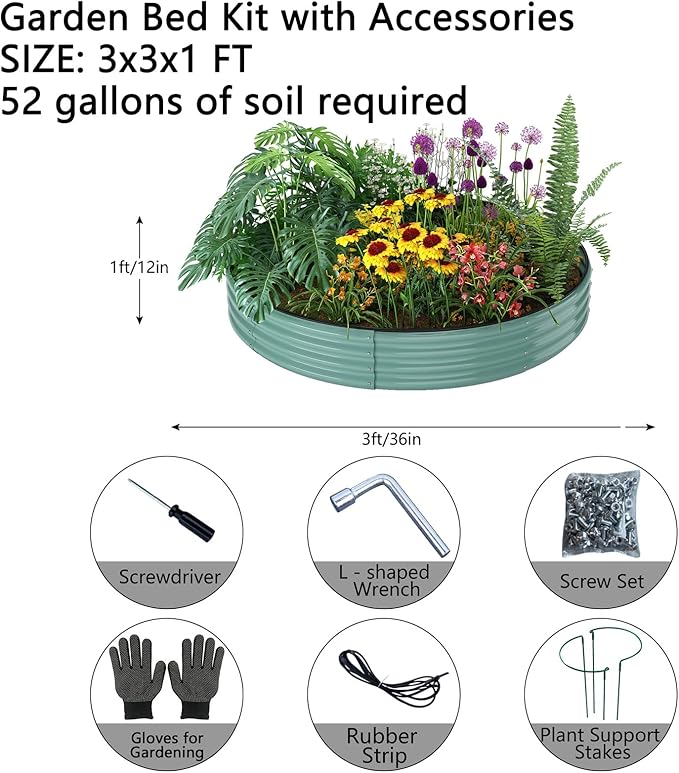 ZFHgarden Galvanized Metal Planter Round Raised Garden Bed Kit for Gardening Outdoor，3x3x1ft Grow Garden Box Raised Flower Bed，Round Galvanized Planter Outdoor Large Metal Fire Pit Ring