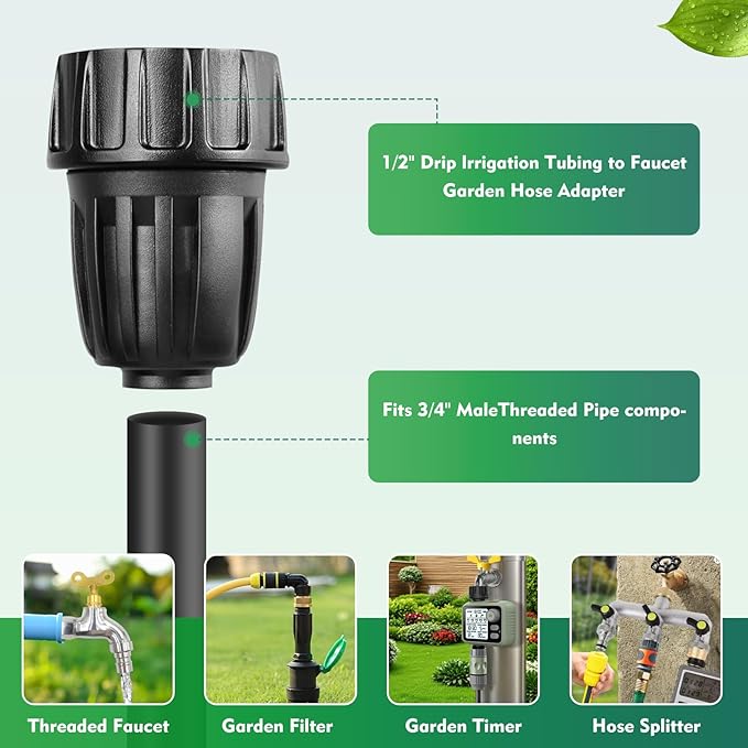 4Pcs Drip Irrigation Hose Connectors, 3/4 to 1/2 Faucet to Hose Adapter, 3/4" Faucet to1/2" Irrigation Tubing drip irrigation connectors