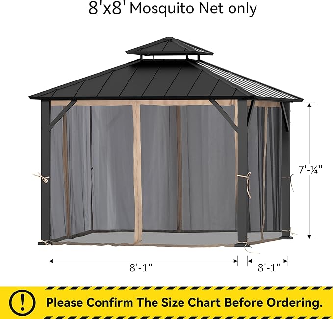 Covered Outdoor Gazebo Mosquito Netting Replacement Universal 4-Panel Sidewalls 8' x 8', Outdoor Gazebo Mosquito Nettings with Double Zipper, Replacement for Patio Canopy, Garden (Mosquito Net Only)