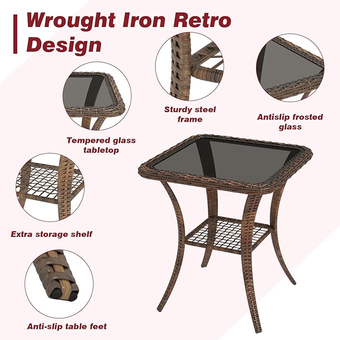 MELLCOM 3 Pieces Patio Furniture Set, Outdoor Swivel Rocker Patio Chairs, Wicker Patio Bistro Set with Rocking Chair, Thickened Cushions and Glass Coffee Table for Backyard, Garden, Wine Red