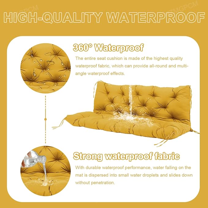 Premium 5" Thick Waterproof Outdoor Swing Cushions Sturdy Durable 2 Seat Replacement Porch Swing Cushions with Backrest&Ties Bench Cushion for Outdoor Furniture Backyard Patio (Yellow)
