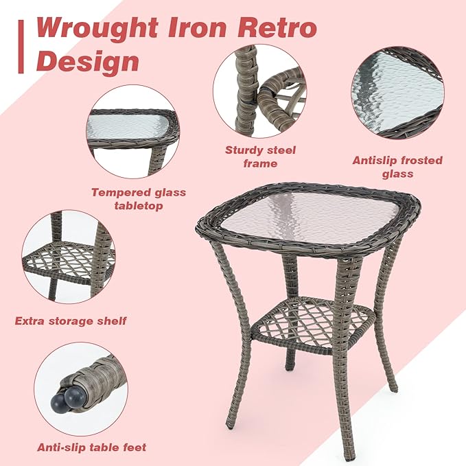 MELLCOM 5 Pieces Patio Furniture Set, Wicker Outdoor Furniture with Ottomans, Rocking Chairs and Glass Coffee Table, Outdoor Swivel Rocker Patio Chairs for Porch, Wine Red