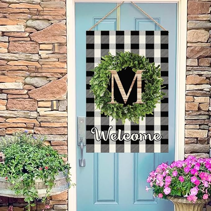 Baccessor Monogram Letter M Garden Flag 28 x 40 Inch, Buffalo Plaid Family Last Name Initial Boxwood Wreath Welcome Vertical Double Sided Large Flags for Outdoor Outside Decoration