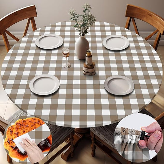 Fitted Round Tablecloths Reusable Stain Resistant Table Clothes Vinyl Indoor Outdoor Circular Cover for 45-54" Table Dorm kitchen Storage Gifts Summer Autumn Camper Patio Picnic Accessories