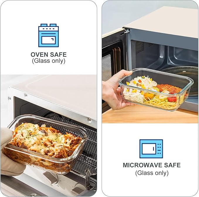 KOMUEE 10 Pack Glass Food Storage Containers with Lids, White | Meal Prep Containers Set, Airtight Glass Lunch Boxes, BPA-Free, Freezer, Oven, and Microwave Safe