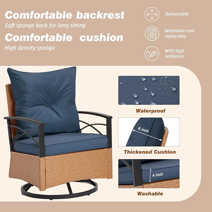 MELLCOM 3 Pieces Patio Furniture Set, Outdoor Swivel Patio Rocker Chairs with Thick Cushions and 2-Tier Coffee Table, Oversize Wicker Bistro Conversation Sets for Garden, Balcony, Backyard, Blue