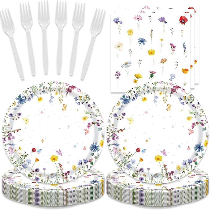 48Pcs Wildflower Party Decorations Garden Flower Decorations for Party or Baby Shower Supplies Plates Napkins Forks Set for 16 Guests