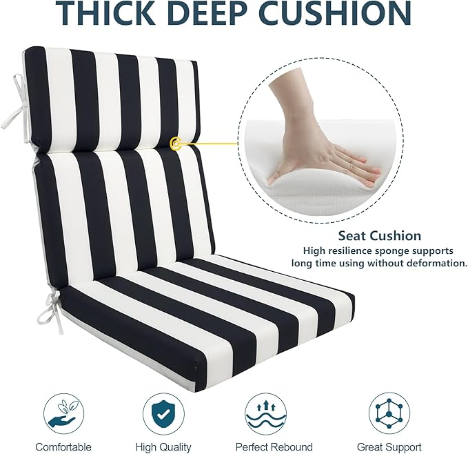 DYTXIII Outdoor High Back Chair Cushions Set of 2, 44"x22" Water Repellent Patio Seat Cushions with Elastic Sponge, All Weather Chair Pads for Rocking, Dining Chairs, Patio Furniture - Cabana Black