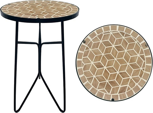 Mosaic Khaki Round Sode Tea Table,Valentine's Day Unique Furniture, Small End Outdoor Side Accent Bedside Dining Room Table, Indoor Balcony Outdoor Furniture, Balcony Valentine's Day Decor