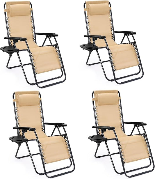Sweetcrispy Zero Gravity Chairs, Set of 4 Portable Recliner Beach Camping Patio Outdoor Folding Lounge Chair with Cup Holder Trays and Adjustable Pillow for Poolside, Garden, Backyard, Lawn (Khaki)