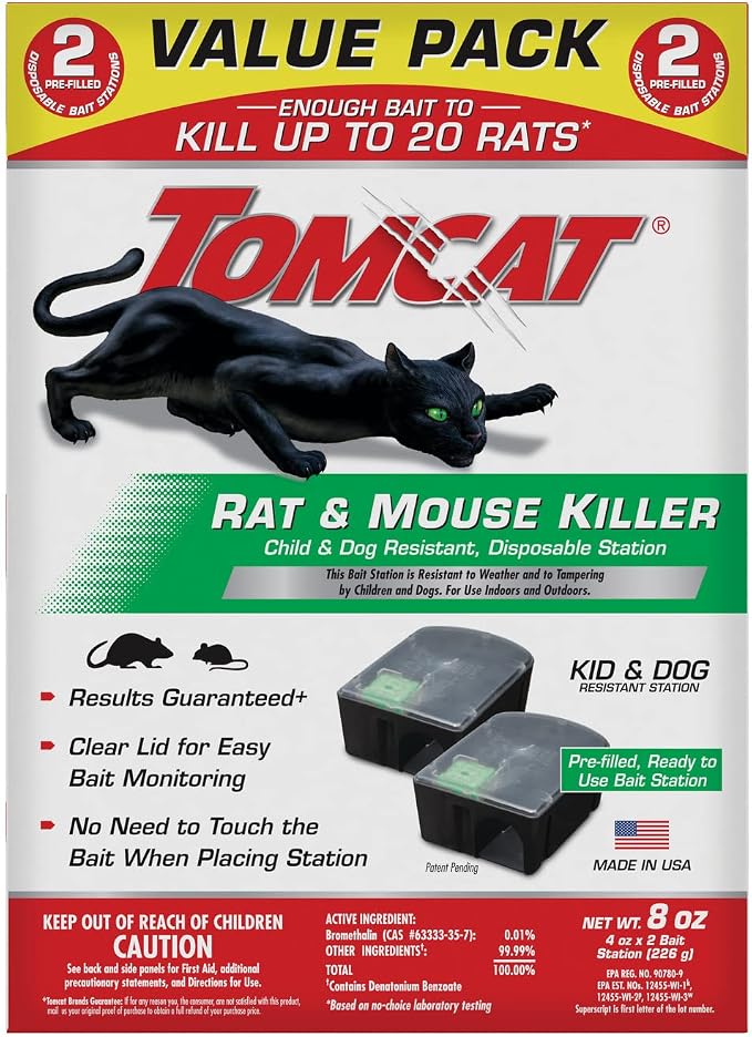 Tomcat Rat & Mouse Killer, Child & Dog Resistant, Disposable Station, 8 oz. | 2 Pre-Filled Ready-To-Use Bait Stations, Indoor and Outdoor Use, Weather Resistant, Easy Monitoring, Value Pack