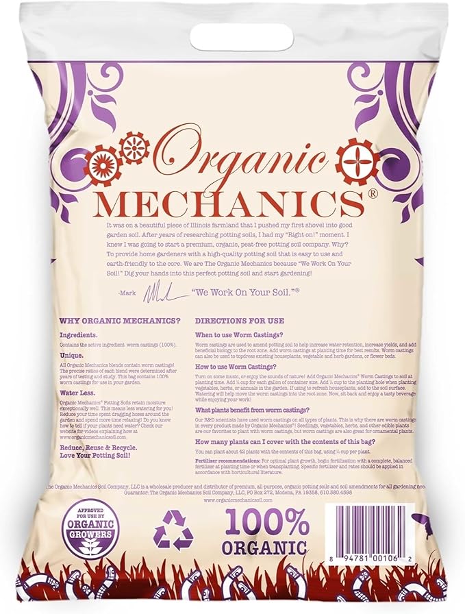 Organic Mechanics Worm Castings Soil Amendment, 5 Pound - Enhances Soil Structure & Retains Moisture for All Plants, Houseplants, Vegetables, Herbs, and Flowers - Peat-Free & Eco-Friendly