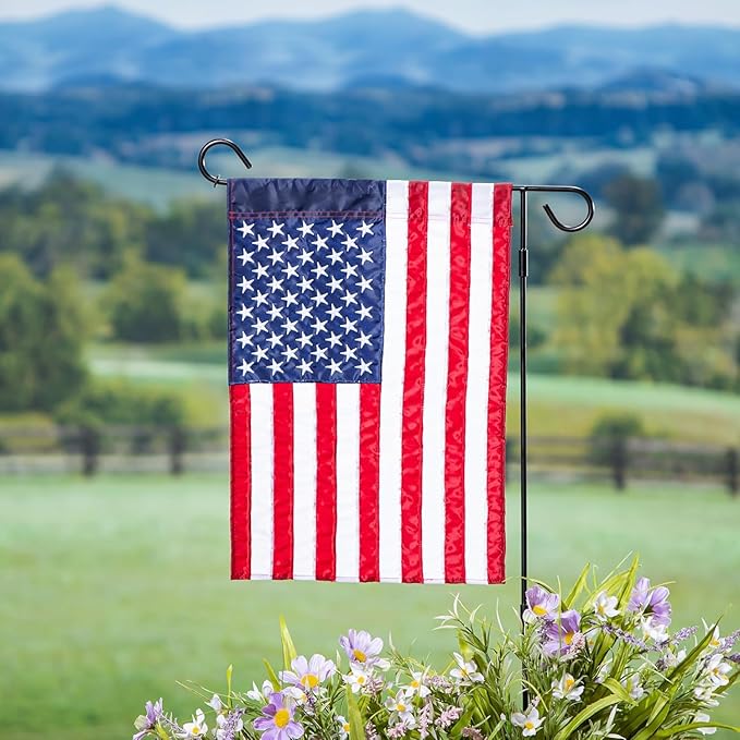 Evergreen Set of 2 American Flags 12x18 Double Sided | Patriotic House Flags For Outside | Small American Flag Garden Size | Embroidered Stars and Stripes | USA Residential or Commercial