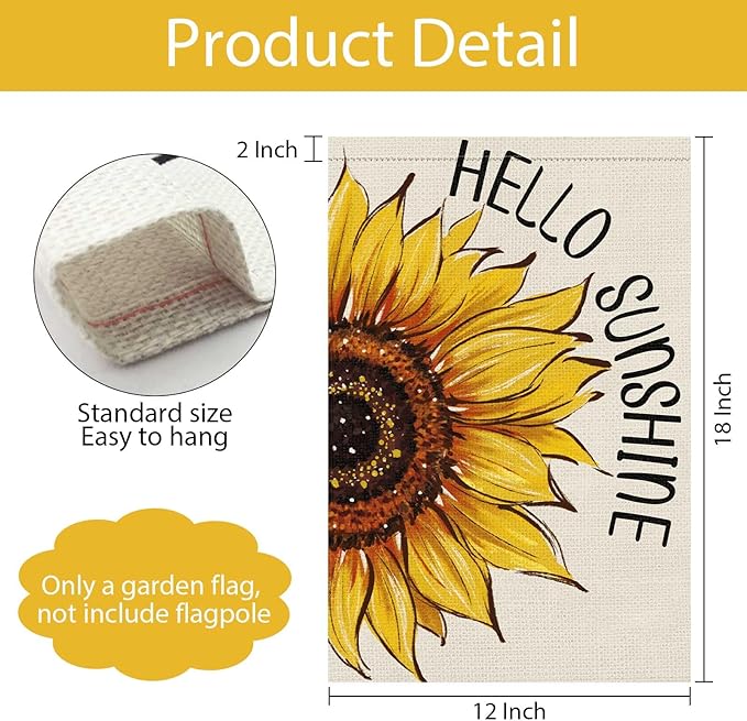 Hello Sunshine Summer Garden Flag 12x18 Inch Double Sided for Outside, Floral Sunflower Seasonal Burlap Yard Outdoor Flag