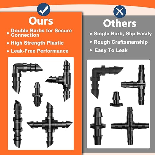Drip Irrigation Fittings Kit for 1/4" Tubing, 130 Pieces Drip Line Connectors for Drip Systems - 40 Couplings, 30 Tees, 20 Elbows, 20 End Plugs, 20 Cross Tees Drip Irrigation Parts