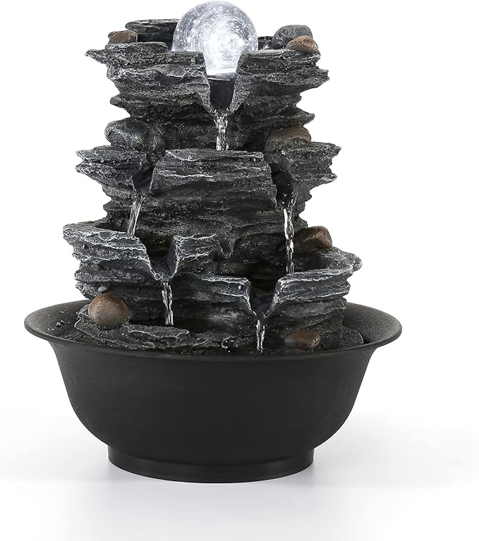 Dyna-Living Tabletop Water Fountain Indoor Waterfalls Fountains with White LED Light Decorative Feng Shui Tabletop Fountain with Quiet Pump and Spinning Ball, Desktop Waterfall Fountain for Home Decor