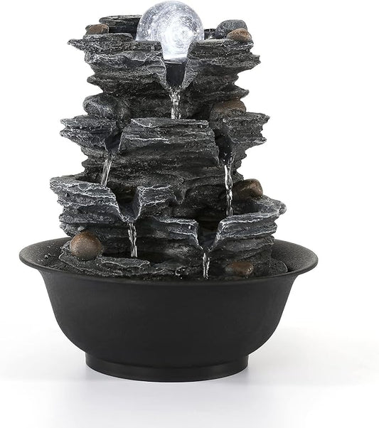 Dyna-Living Tabletop Water Fountain Indoor Waterfalls Fountains with White LED Light Decorative Feng Shui Tabletop Fountain with Quiet Pump and Spinning Ball, Desktop Waterfall Fountain for Home Decor