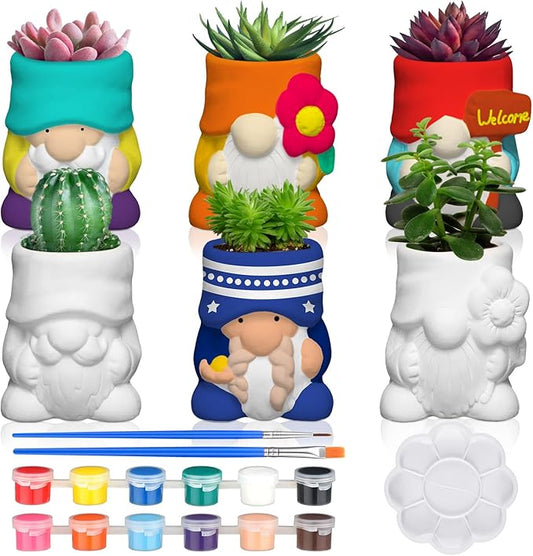 Beeveer 6 Sets Paint Your Own Gnomes Succulent Planter Cute Mini Unpainted Flower Pots DIY Paintable Succulent Pots for Christmas Classroom DIY Craft Project Activity