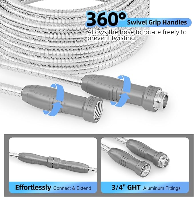 SPECILITE 304 Stainless Steel Garden Hose 50 ft with 360° Swivel Handle, Lightweight & Flexible Metal Water Hose with Heavy Duty Nozzle for Yard, Outdoor, Lawn