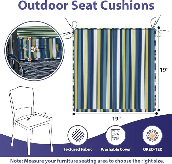 IPYNBAP Outdoor Chair Cushions Set of 4,Waterproof Outdoor Seat Cushions for Patio Furniture,Patio Chair Cushion with Handle and Ties, Out Door Chair Pads,19" x 19" x 3", Blue Stripe