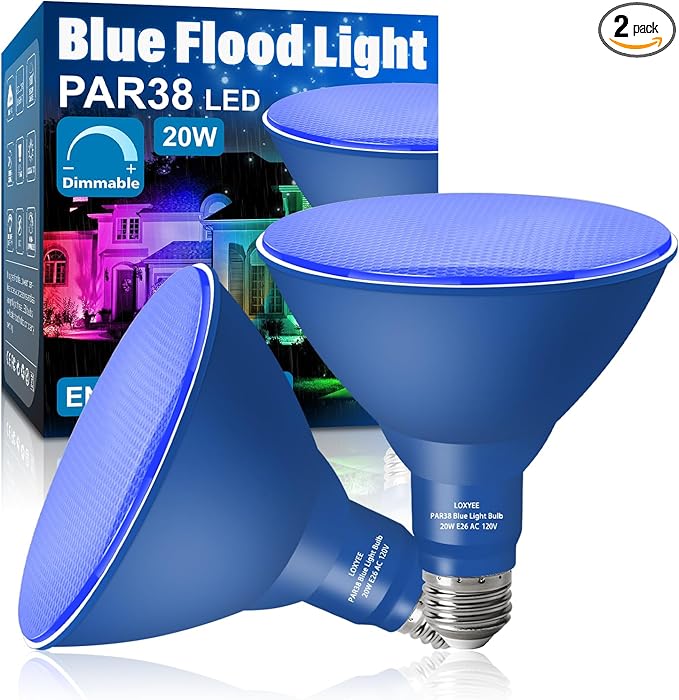 PAR38 Flood Blue Light Bulbs,2 Pack Dimmable,E26 Base Blue Flood Light Outoor(20W Replace to 200W),Halloween Light Bulb for Outside,Christmas,Holiday Lighting