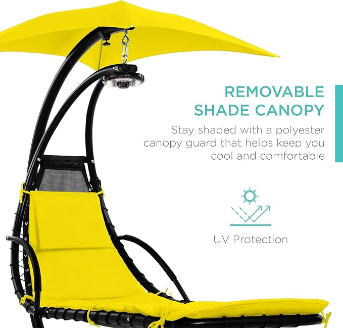Best Choice Products Hanging LED-Lit Curved Chaise Lounge Chair Swing for Backyard, Patio, Lawn w/ 3 Light Settings, Weather-Resistant Pillow, Removable Canopy Shade, Steel Stand - Yellow
