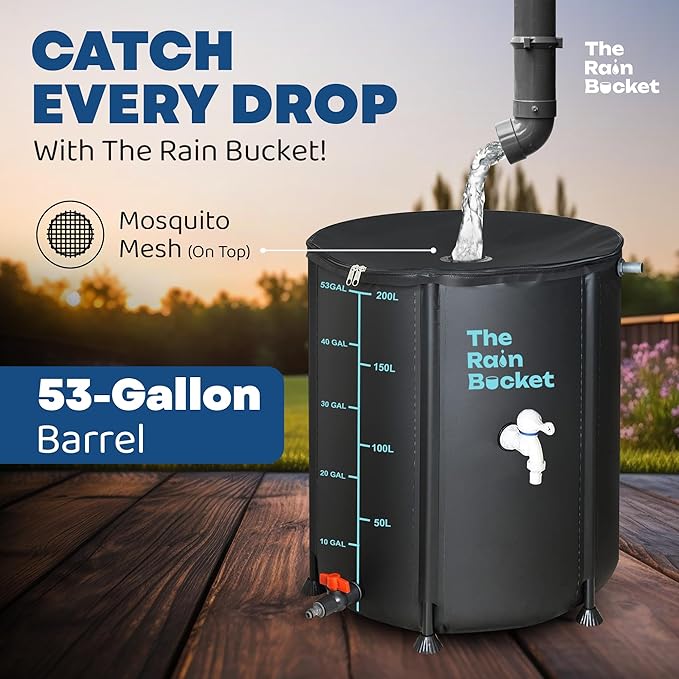 Collapsible Rain Barrel 53-Gallon – Weatherproof Rainwater Collection System for Gutter with Spigots, Mosquito Mesh & PVC Support Rods – Portable Water Storage Tank for Garden & Outdoor Use – Black
