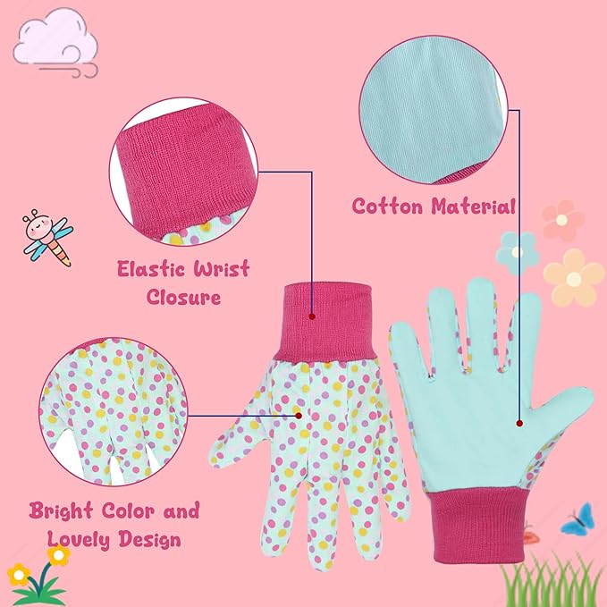 HANDLANDY 4 Pairs Kids Gardening Gloves, Girls Boys Children Garden Work Play Gloves (Pink Dot, Small)